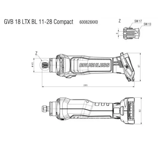 Аккумуляторная прямошлифмашина Metabo GVB 18 LTX BL 11-28 с регулировкой оборотов с быстрым тормозом и бесщеточным двигателем (600828850) - фото №1