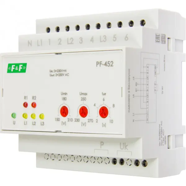 Автоматический переключатель фаз F&F PF-452 3х400В+N 16А Автоматический переключатель фаз F&F PF-452 3х400В+N 16А