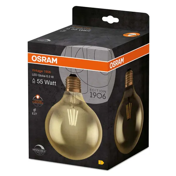Світлодіодна лампа, що димується Osram 1906 LED Globe 6,5W/824 230V FIL Gold DIM E27 (4058075808997) - фото №1 Світлодіодна лампа, що димується Osram 1906 LED Globe 6,5W/824 230V FIL Gold DIM E27 (4058075808997) - фото №1