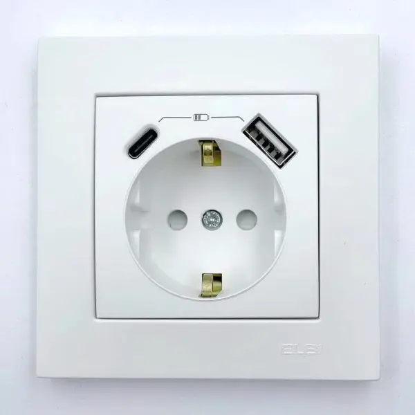 Розетка EL-BI VEGA белый мат 1-я с заземлением + 2USB (Type C+A) 2A ( 510-016200-334 ) - фото №1