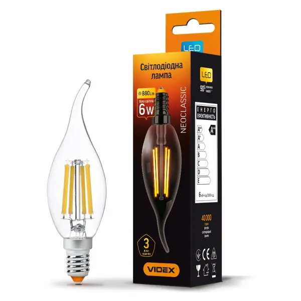 Світлодіодна філаментна лампа Videx Filament C37Ft E14 6Вт 4100K (VL-C37Ft-06144) - фото №2