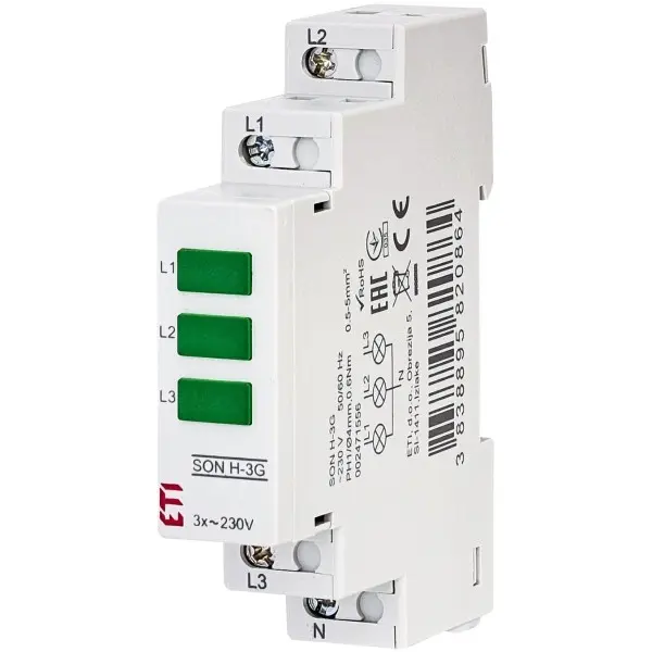Трифазний індикатор наявності напруги ETI 002471556 SON H-3G (3x зелений)