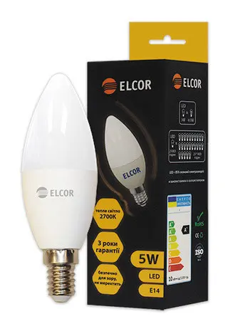 Светодиодная лампа Elcor 534330 Е14 С37 5Вт 2700К - фото №1 Светодиодная лампа Elcor 534330 Е14 С37 5Вт 2700К - фото №1