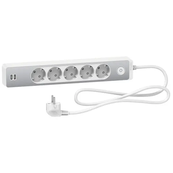 Подовжувач Schneider Electric ST945U1WA на 5 гнізд та 2хUSB (1,5м) алюміній Подовжувач Schneider Electric ST945U1WA на 5 гнізд та 2хUSB (1,5м) алюміній