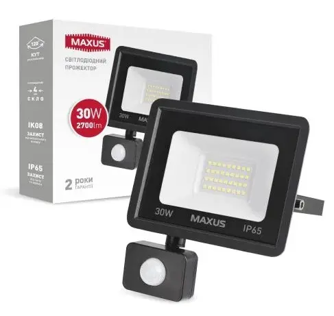 Прожектор Maxus FL-04 30Вт 5000K sensor (1-MFL-04-3050s) - фото №1 Прожектор Maxus FL-04 30Вт 5000K sensor (1-MFL-04-3050s) - фото №1
