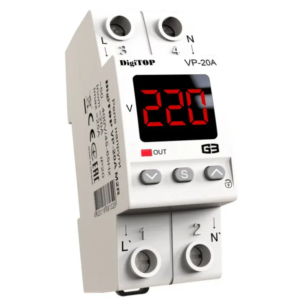 Реле напряжения DigiTOP VP-20A M2R (красный индикатор)