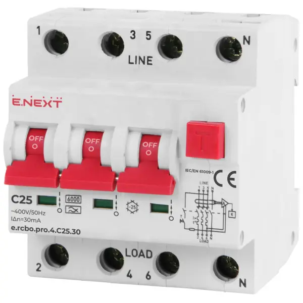 Выключатель дифференциального тока E.Next e.rcbo.pro.4.C25.30 3P+N 25А С тип А 30мА (p0720016)