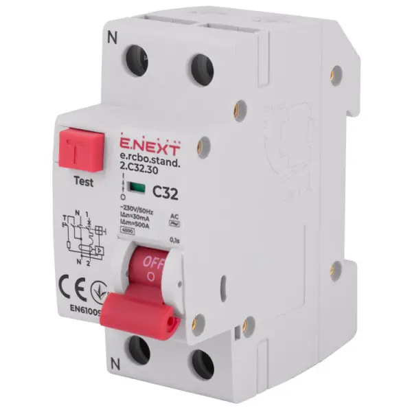 Вимикач диференційного струму E.Next e.rcbo.stand.2.C32.30 1P+N 32А С 30мА (s034106) Вимикач диференційного струму E.Next e.rcbo.stand.2.C32.30 1P+N 32А С 30мА (s034106)