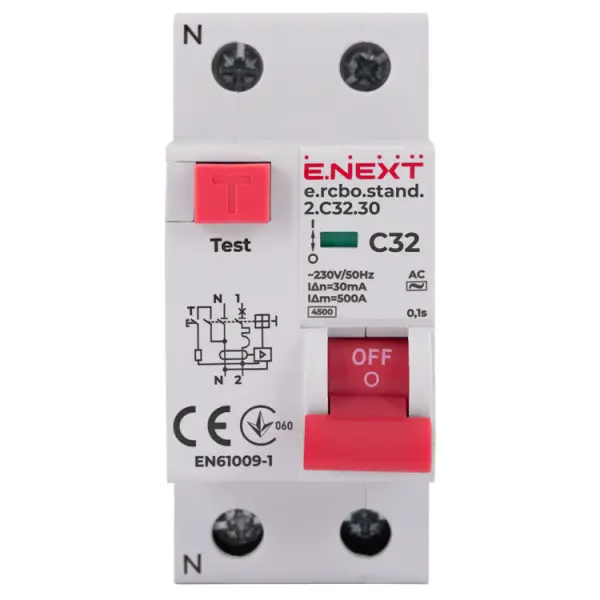 Вимикач диференційного струму E.Next e.rcbo.stand.2.C32.30 1P+N 32А С 30мА (s034106) - фото №1 Вимикач диференційного струму E.Next e.rcbo.stand.2.C32.30 1P+N 32А С 30мА (s034106) - фото №1