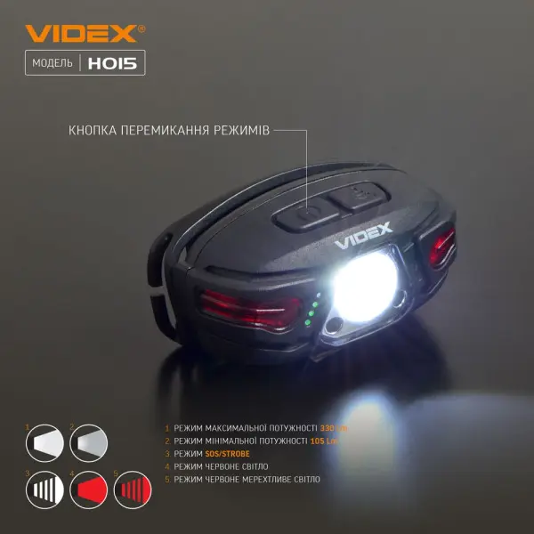 Світлодіодний налобний ліхтарик Videx 330Лм 5000K (VLF-H015) - фото №5 Світлодіодний налобний ліхтарик Videx 330Лм 5000K (VLF-H015) - фото №5