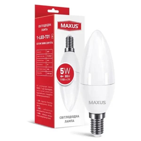 Світлодіодна лампа свічка Maxus C37 5Вт 3000K 220В E14 (1-LED-731) - фото №1 Світлодіодна лампа свічка Maxus C37 5Вт 3000K 220В E14 (1-LED-731) - фото №1