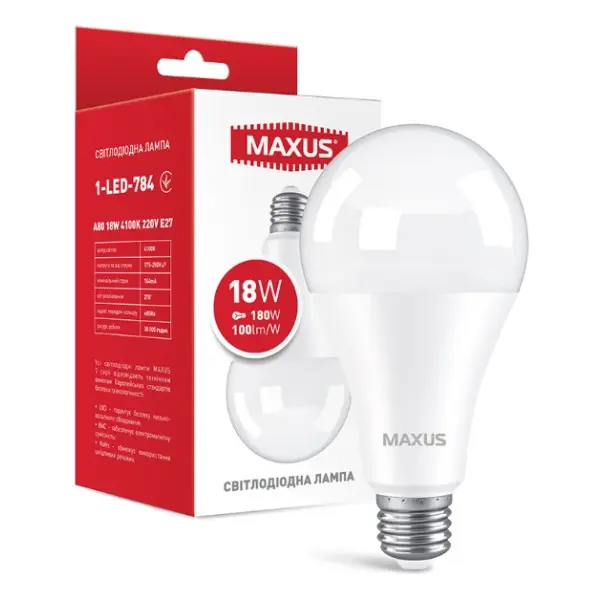 Светодиодная лампа груша Maxus A80 18Вт 4100K 220В E27 (1-LED-784) - фото №1 Светодиодная лампа груша Maxus A80 18Вт 4100K 220В E27 (1-LED-784) - фото №1