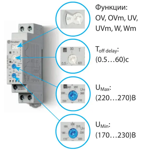 Реле контролю напруги Finder 1CO 10A 220-240В AC (701182302022) - фото №3