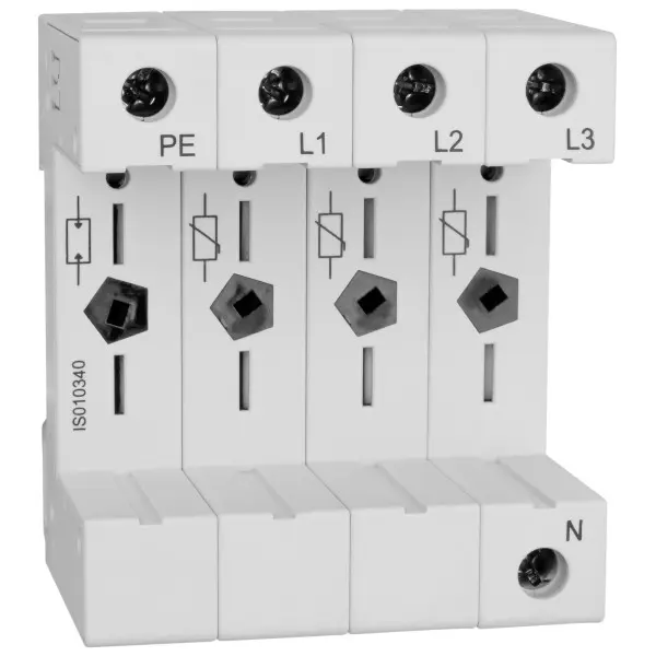 База (гнездо) для модуля защитного разрядника Schrack IS010340 Vartec 3P+N класс С База (гнездо) для модуля защитного разрядника Schrack IS010340 Vartec 3P+N класс С