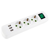 Колодка на 3 гнезда Lezard «Letiti» (721-0300-302U) с/з с кнопкой и USB разъемом