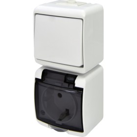Вертикальный блок выключатель+розетка Eti Hermetics VRHP-1sd с з/к белая/прозрачная крышка (4668026)