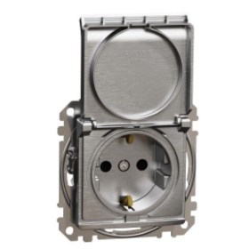 Розетка Schneider Electric Sedna Design & Elementsс заземлением шторками и крышкой матовый алюминий SDD170024