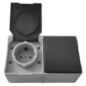 Горизонтальний блок выключатель+розетка TNSy SURFACE с заземлением и крышкой IP54 серый (TNSy5000221)