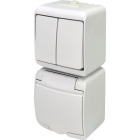 Вертикальный блок 2-клавишный выключатель+розетка Eti Hermetics VRHP-2s с з/к белая (4668027)