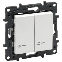 Двухклавишный проходной выключатель Legrand Niloe Step 10А с подсветкой зажимной механизм белый (863118)