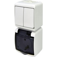 Вертикальний блок 2-клавішний вимикач+розетка Eti Hermetics VRHP-2sd із з/к біла/прозора кришка (4668028)