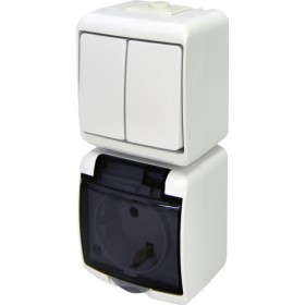 Вертикальный блок 2-клавишный выключатель+розетка Eti Hermetics VRHP-2sd с з/к белая/прозрачная крышка (4668028)