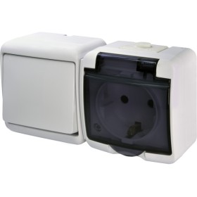 Горизонтальный блок выключатель+розетка Eti Hermetics VRHH-1sd с з/к белая/прозрачная крышка (4668032)