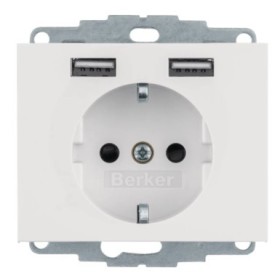 Розетка с з/к 16А/250В + 2хUSB A-A /2.4A Berker K.1 (полярная белизна)