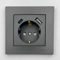 Розетка EL-BI VEGA антрацит матовый 1-я с/з + 2USB (Type C+A) 3A ( 510-016700-347 )