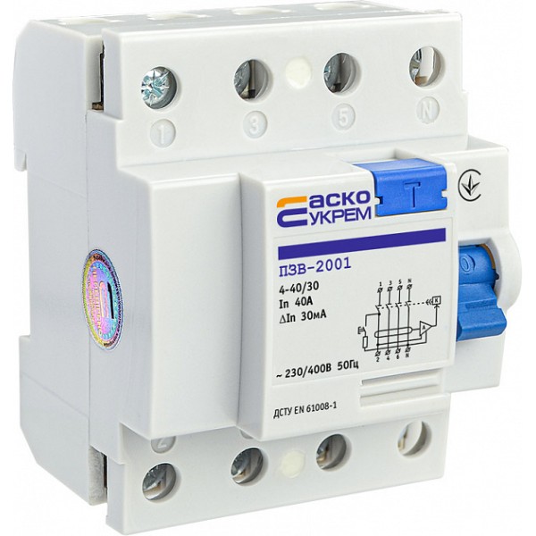 Пристрій захисного відключення Аско-Укрем ПЗВ-2001 3P+N 40А 30мА (A0020010014) - фото №3
