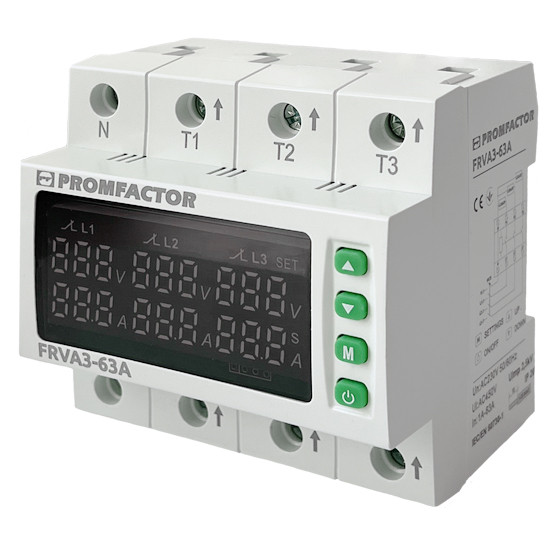 Трифазне реле контролю напруги та струму Promfactor FRVA3-63A