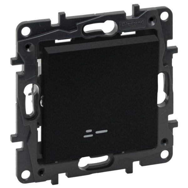 Одноклавишный проходной выключатель Legrand Niloe Step 10А с подсветкой черный зажимной механизм (863516)