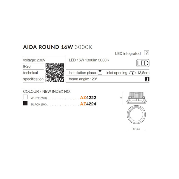 Точечный светильник AZzardo AZ4222 Aida Round 16w 3000k Wh - фото №3