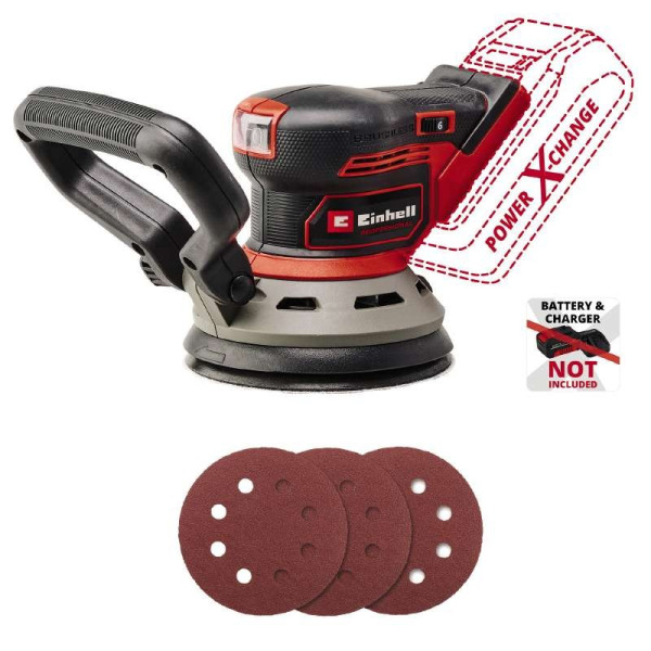 Ексцентрикова акумуляторна шліфмашина Einhell X-Change 18В Ø125мм в комплекті 3 шліфувальні аркуши Р60,Р80,Р120 без акумулятора (4462020) - фото №1