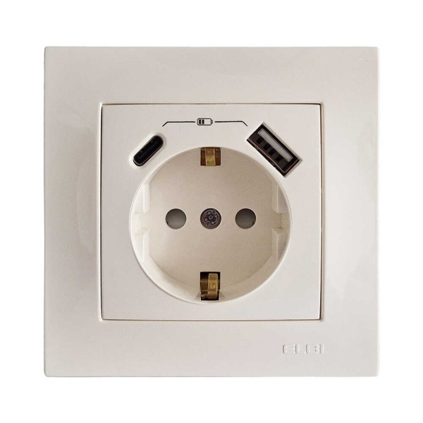 Розетка ELBI ZENA белая 1-я с заземлением + 2USB ( Type C+A ) без рамки ( 609-010200-334 ) - фото №1