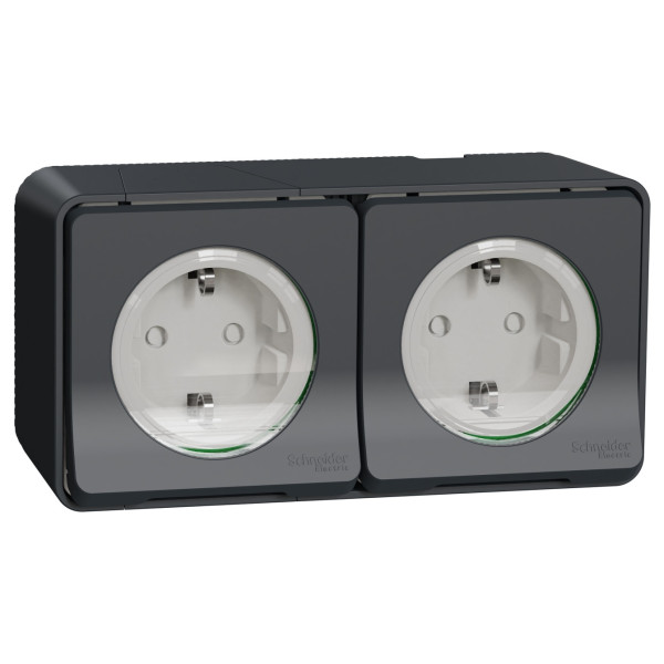 Накладна 2-місна розетка Schneider Electric MUR36029 із з/к та шторками IP55 (чорний)