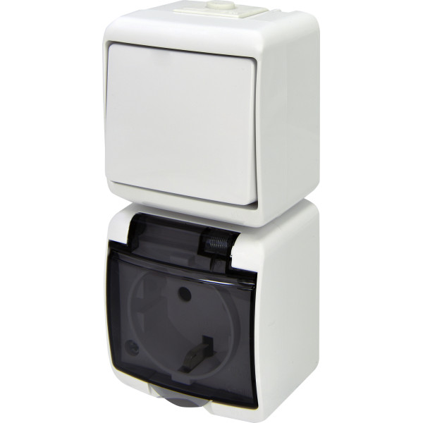Вертикальный блок выключатель+розетка Eti Hermetics VRHP-1sd с з/к белая/прозрачная крышка (4668026)