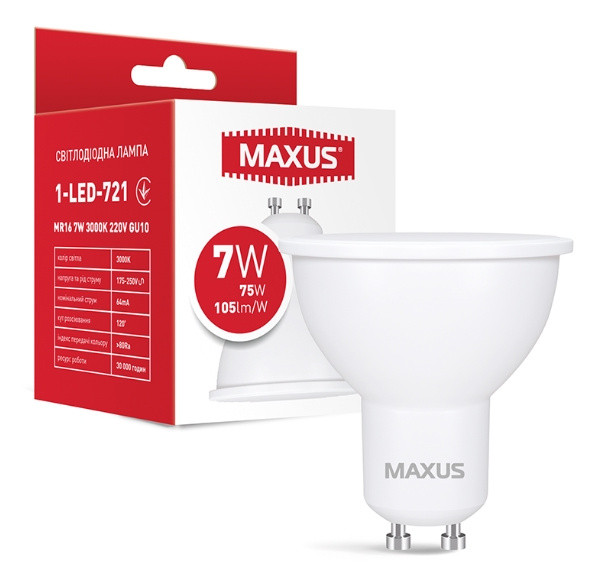 Светодиодная лампа Maxus MR16 GU10 7Вт 3000K 220В (1-LED-721) - фото №1