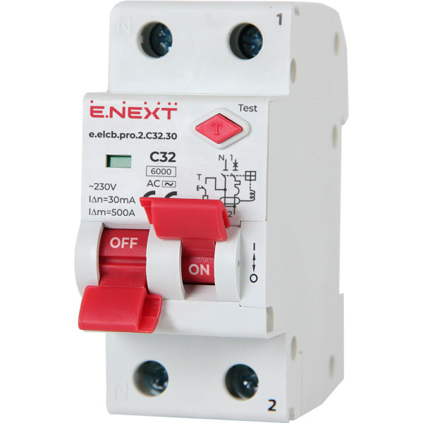 Вимикач диференційного струму E.Next e.elcb.pro.2.C32.30 1Р+N 32А C 30мА (p0620004)