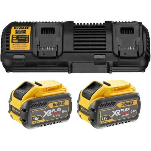 Комплект из зарядного устройства и аккумуляторов DeWALT DCB132X2 4А 10,8В/14,4В/18В/54В с выходным током 4A на 2 АКБ (2шт) - фото №1