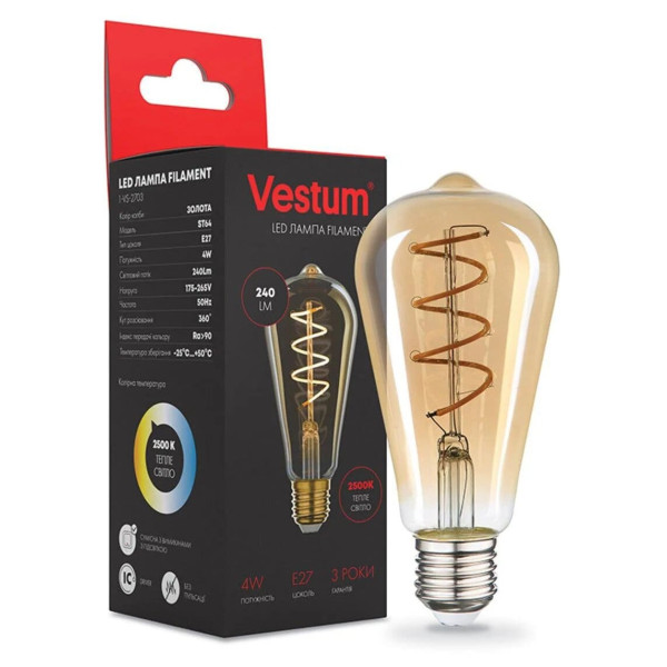 Філаментна LED лампа Vestum 1-VS-2703 ST64 Е27 4Вт 220В 2500К golden twist «вінтаж» - фото №1