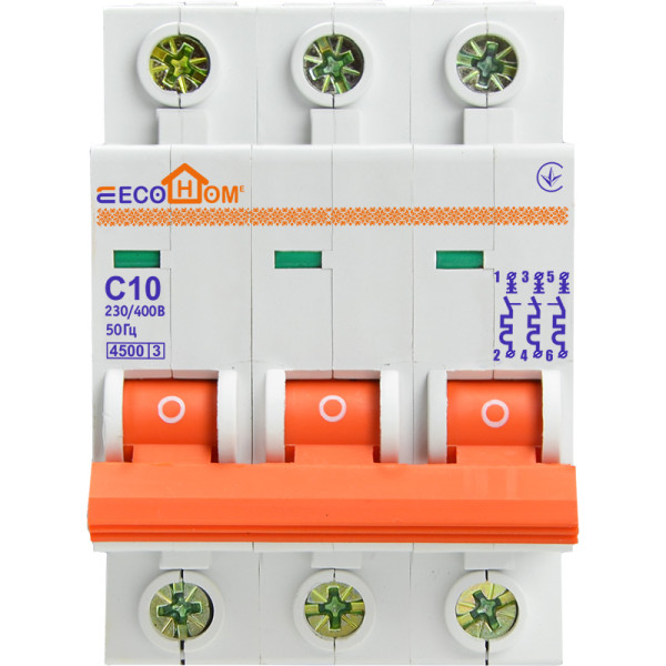 Автоматический выключатель ECOHOME ECO 3p 10A С (ECO010030002) - фото №2
