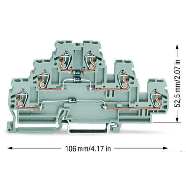 Трирівнева клема Wago 870-596/281-673 з діодом 1N4007 для DIN-рейки (анод справа) 2,5мм² (сіра) - фото №1