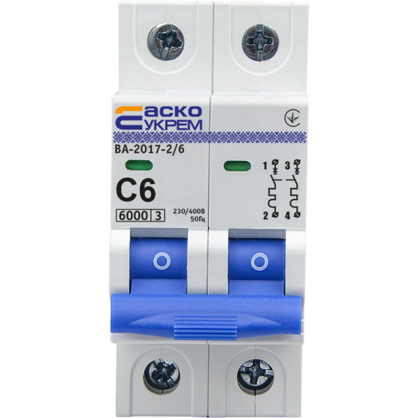 Модульный автоматический выключатель Аско-Укрем ВА-2017/C 2р 6А (A0010170010) - фото №1