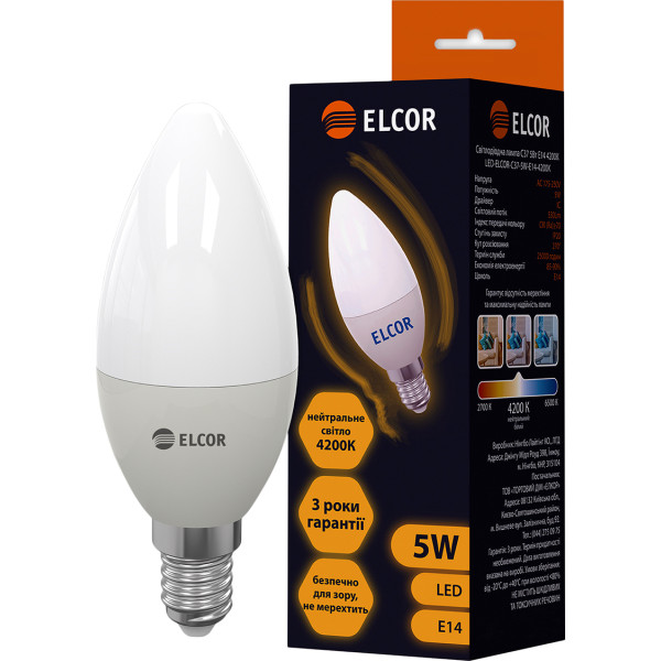 Светодиодная LED лампа ELCOR 534300 Е14 C37 5Вт 4200К - фото №1