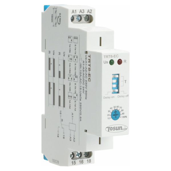 Двухфункциональное реле задержки времени TOSUNlux TRT8-ЕС (ON/OFF) 10A AC 230B 2 контактные группы (6931934211566)