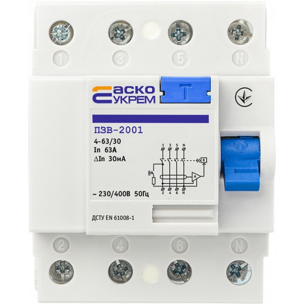 Пристрій захисного відключення Аско-Укрем ПЗВ-2001 3P+N 63А 30мА (A0020010015) - фото №2
