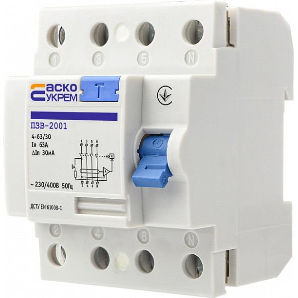 Пристрій захисного відключення Аско-Укрем ПЗВ-2001 3P+N 63А 30мА (A0020010015) - фото №3