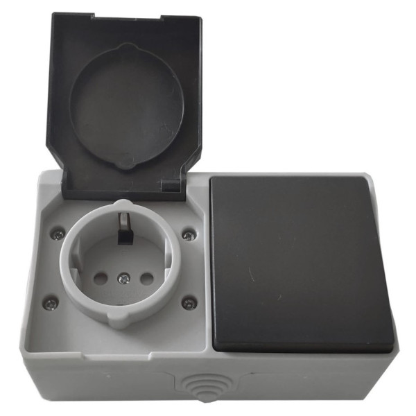 Горизонтальний блок выключатель+розетка TNSy SURFACE с заземлением и крышкой IP54 серый (TNSy5000221)