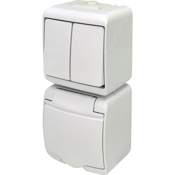 Вертикальный блок 2-клавишный выключатель+розетка Eti Hermetics VRHP-2s с з/к белая (4668027)